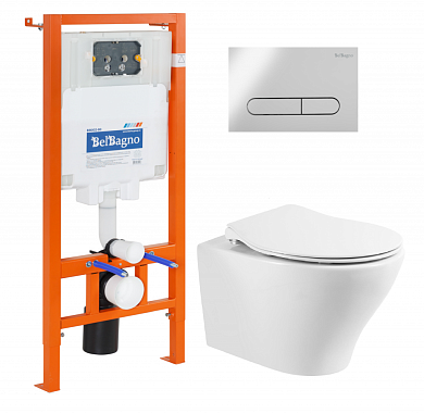 Унитаз подвесной с сиденьем BelBagno ACQUA + Система инсталляции для унитазов с кнопкой смыва BB340CHR/BB2020SC/BB002-80/BB005-PR-CHROME