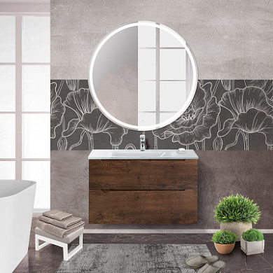 Тумба подвесная со стеклянной раковиной для ванной комнаты BelBagno ETNA 80 Rovere Moro