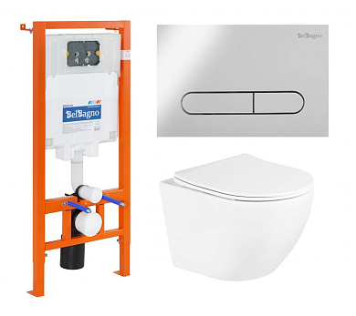 Унитаз подвесной с сиденьем BelBagno UNO BB3105CHR/SC + Система инсталляции для унитазов BelBagno BB002-80 с кнопкой смыва BB005-PR-CH