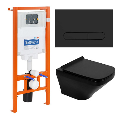 Унитаз подвесной BelBagno SELA BB3201CHR-MB с сиденьем BB3201SC-MB + Система инсталляции для унитазов BelBagno BB002-80 с кнопкой смыва BB007-PR-NERO.M