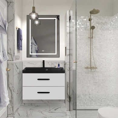 Тумба подвесная с черной раковиной из литьевого мрамора BelBagno AURORA 90 Bianco Lucido