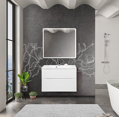 Тумба подвесная с раковиной из литьевого мрамора для ванной комнаты Belbagno Marino-H60 80 см Bianco Lucido, MARINO-H60-800-2C-SO-BL-P/BB800/450-LV-MR-AST